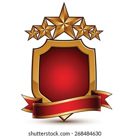 3d vector classic royal symbol, sophisticated protection shield with golden star and red wavy stripe, decorative emblem isolated on white background, dimensional glossy element.