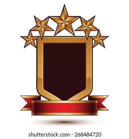 3d vector classic royal symbol, sophisticated protection shield with golden star and red wavy stripe, decorative emblem isolated on white background, dimensional glossy element.