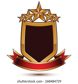 3d vector classic royal symbol, sophisticated protection shield with golden star and red wavy stripe, decorative emblem isolated on white background, dimensional glossy element.