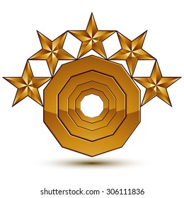 3d vector classic royal symbol, sophisticated golden round emblem with stars isolated on white background, glossy aurum element.