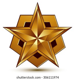 3d vector classic royal symbol, sophisticated golden star emblem isolated on white background, glossy aurum element.