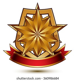 3d vector classic royal symbol, sophisticated protection shield with polygonal golden star and red wavy stripe, decorative emblem isolated on white background, dimensional glossy element.
