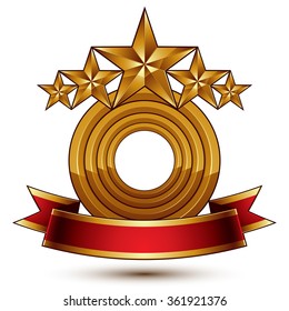 3d vector classic royal symbol with sophisticated five golden stars and red decorative wavy ribbon, glossy golden element isolated on white background. Elegant blazon.