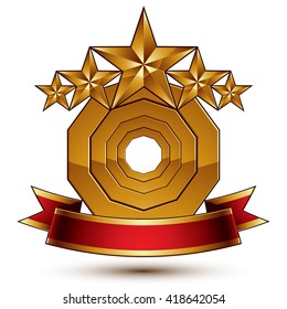 3d vector classic royal symbol with sophisticated five golden stars and red decorative wavy ribbon, glossy golden element isolated on white background. Elegant blazon.