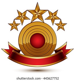 3d vector classic royal symbol with sophisticated five golden stars and red decorative wavy ribbon, glossy golden element isolated on white background. Elegant blazon.

