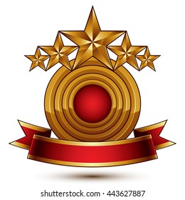 3d vector classic royal symbol with sophisticated five golden stars and red decorative wavy ribbon, glossy golden element isolated on white background. Elegant blazon.