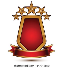 3d vector classic royal symbol, sophisticated protection shield with golden star and red wavy stripe, decorative emblem isolated on white background, dimensional glossy element.