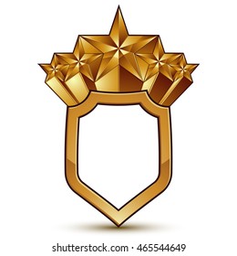 3d vector classic royal symbol with sophisticated five golden stars and red decorative wavy ribbon, glossy golden element isolated on white background. Elegant blazon.