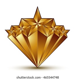 3d vector classic royal symbol with sophisticated five golden stars and red decorative wavy ribbon, glossy golden element isolated on white background. Elegant blazon.