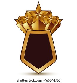 3d vector classic royal symbol with sophisticated five golden stars and red decorative wavy ribbon, glossy golden element isolated on white background. Elegant blazon.