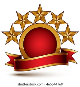 3d vector classic royal symbol with sophisticated five golden stars and red decorative wavy ribbon, glossy golden element isolated on white background. Elegant blazon.