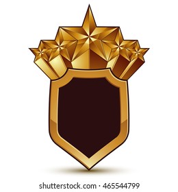 3d vector classic royal symbol with sophisticated five golden stars and red decorative wavy ribbon, glossy golden element isolated on white background. Elegant blazon.