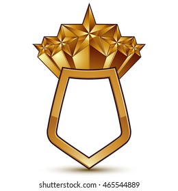 3d vector classic royal symbol with sophisticated five golden stars and red decorative wavy ribbon, glossy golden element isolated on white background. Elegant blazon.
