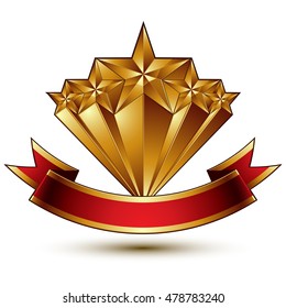 3d vector classic royal symbol, sophisticated protection shield with golden star and red wavy stripe, decorative emblem isolated on white background, dimensional glossy element.