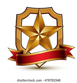 3d vector classic royal symbol, sophisticated protection shield with golden star and red wavy stripe, decorative emblem isolated on white background, dimensional glossy element.

