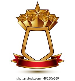 3d vector classic royal symbol, sophisticated protection shield with golden star and red wavy stripe, decorative emblem isolated on white background, dimensional glossy element.