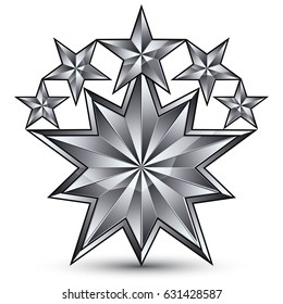 3d vector classic royal symbol, sophisticated silvery round emblem with 5 stars isolated on white background, glossy gray element.