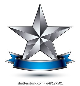3d vector classic symbol, sophisticated silver emblem with pentagonal star isolated on white background, glossy argent element with blue splendid ribbon.