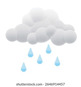 3D vector clay effect cloud with raindrops. Weather rain icon, isolated on a white background.