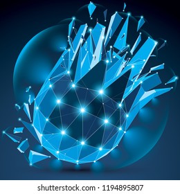3d vector clear blue digital wireframe object broken into different particles, geometric polygonal structure with lines mesh and light effect. Low poly shattered glow shape, sparkle lattice form.