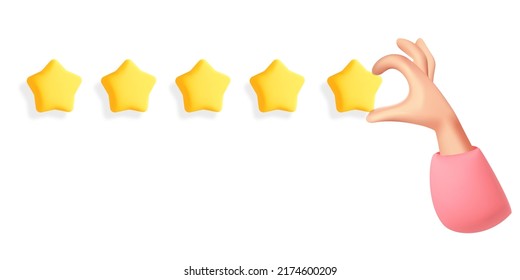 3d vector click hand gives 5 stars. Feedback or rating , good review, client service concept banner. Woman hand holding yellow glossy star. 