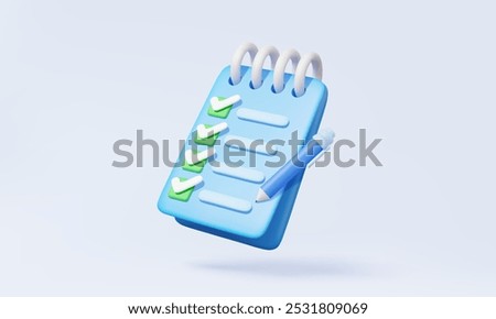 3D vector Clipboard paper with pencil checklist note summary management information business document correct checkmark exam education floating on pastel background. 3d render illustration