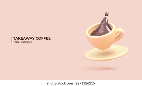 3d Vector coffee cup. Realistic 3d design of porcelain saucer with Coffee or tea. Realistic illustration hot drinks with black splash in cartoon minimal style. Vector illustration.