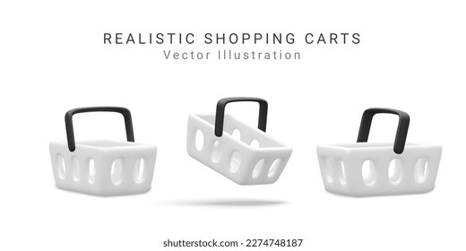 3d vector collection of blue plastic shopping basket mockup for black  friday , digital promotion, sale advertisement design. Realistic render store cart side view icon illustration.