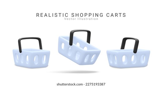 3d vector collection of blue plastic shopping basket mockup for black  friday , digital promotion, sale advertisement design. Realistic render store cart side view icon illustration.