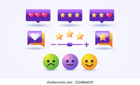 3D vector collection of customer ratings and reviews. customer testimonials, satisfying service, star reviews and emoticon reviews. can be used for online business purposes and customer testimonials