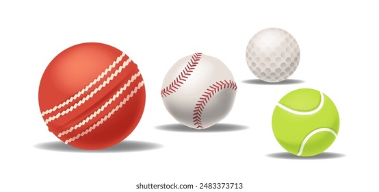 colección De Vector 3D De Cuatro Pelotas Deportivas Diferentes, Incluyendo Una Pelota De Béisbol, Tenis, Críquet Y Golf