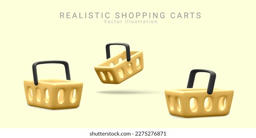 3d vector collection of gold plastic shopping basket mockup for black  friday , digital promotion, sale advertisement design. Realistic render store cart side view icon illustration.