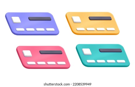 3d colección vectorial de tarjetas de crédito multicolor en una vista diferente diseño de icono de representación realista. Marketing digital, compras en línea, pagos, compras, negocios financieros, transferencias de dinero y banca.