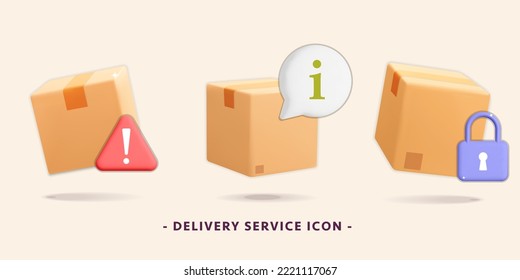 3d vector collection of parcel cardboard boxes with attention, alert, warning, security, safe symbol icon for fast delivery service. Tracking, ordering for mobile app global delivery, logistic.