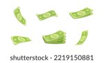 3d vector collection of plastic style flying green dollar banknote. Cartoon render of Green paper bill twisted, bended or stack isolated on white background. Business, finance, investment object.