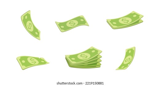 3d vector collection of plastic style flying green dollar banknote. Cartoon render of Green paper bill twisted, bended or stack isolated on white background. Business, finance, investment object.