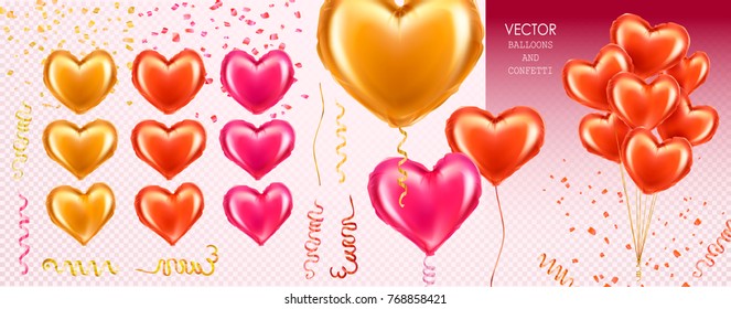 3d Vector collection with realistic red, gold, pink balloons heart, isolated on transparent background. Valentines day decor, vector elements for romantic design.