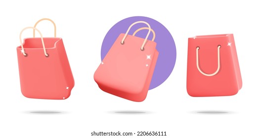3d Vector Collection Of Realistic Render Pink Shopping Bags Icon Design. Online Store Mockup Banner. Cartoon Collection Of Gift Paper Bags In Different View Isolated On White Background.