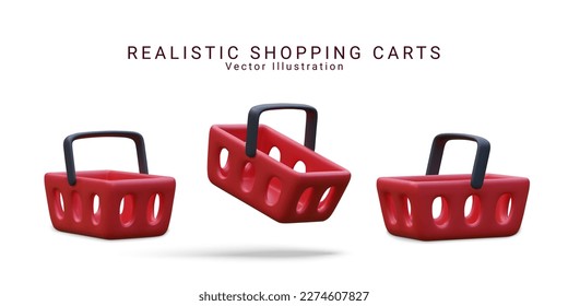 3d vector collection of red plastic shopping basket mockup for black  friday , digital promotion, sale advertisement design. Realistic render store cart side view icon illustration.