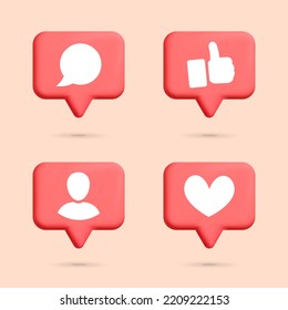 3d vector collection of red social media like, follow, member, thumb up bubble icon design. Cartoon render new like notification chat box, login, ui isolated on background. Comment, approved.