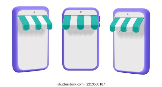 3d vector collection of  smartphone with stripe store awning with blank screen mockup design. Phone in three position front, left, right side isolated on white background. Online shopping, promotion