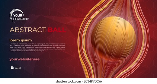 3D vector coloful ball in line cage. Red and yellow outline around sphere. Abstract web banner, background