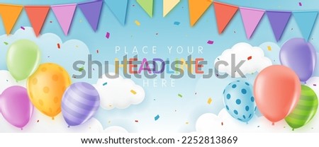 3D vector with colorful balloons and party flags in the blue sky background for kid banner, baby shower, birthday greeting card, children's day, kids party, social media wallpaper website  background