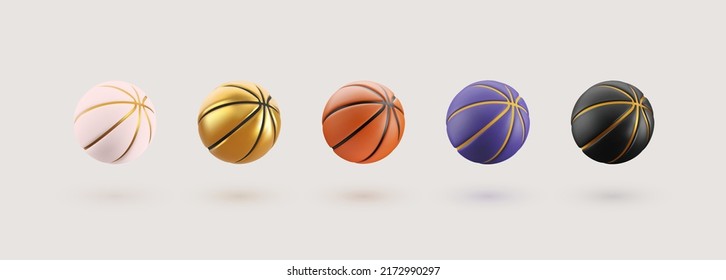 3 d vectores coloridos bolas de cesta elementos de diseño aislados. Tendencia del baloncesto color rosa, dorado, negro, violeta y naranja colección de bolas deportivas sobre fondo claro