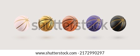 3d vector colorful basket balls isolated design elements. Basketball trend color pink, golden, black, violet and orange sport balls collection on light background