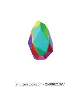 3D vector of colorful crystal. Diamond with rainbow surface. Rough sparkling stone with facets in blue, red, green colors. Cartoon style. Isolated background.