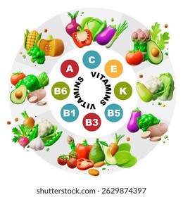 3D vector colorful pie chart with vegetables and vitamins. Healthy eating. Organic farm products. Healthy ingredients. Vegetarianism. Cartoon style. Isolated background. Educational poster.