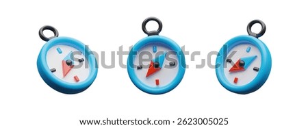 3d vector compass set. Three-dimensional vector collection illustration. Direction to the north, south, west or east. Cartography symbol of discovering map. Navigation in sea journey. Exploring world