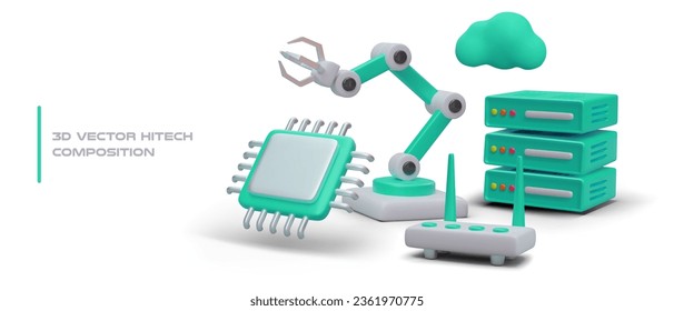 3D vector composition of hightech. Programmable hand manipulator, microprocessor, cloud, server, router. Green illustration in cartoon style. Modern IT technologies. Banner with place for text