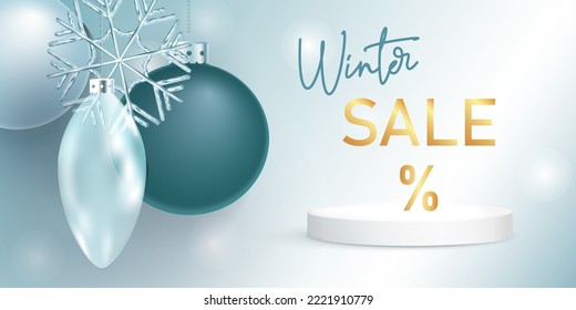 3d vector composition with podium, lettering Winter Sale, balls, snowflakes and gradients. Holiday background in light blue and white colors perfect for product advertising, shop flyers and posters